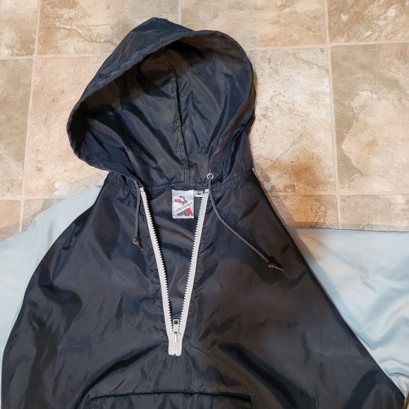 Vintage Campusport Unisex Medium Pullover Hooded Windbreaker Black Grey Nylon - Picture 2 of 5